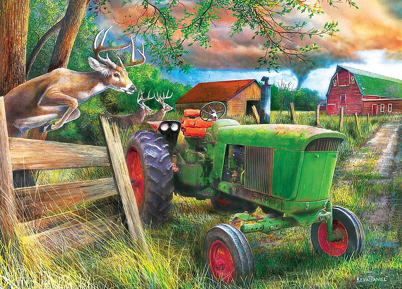Deer Crossing, deer, farm, tractor, crossing, painting, jigsaw, john, HD wallpaper