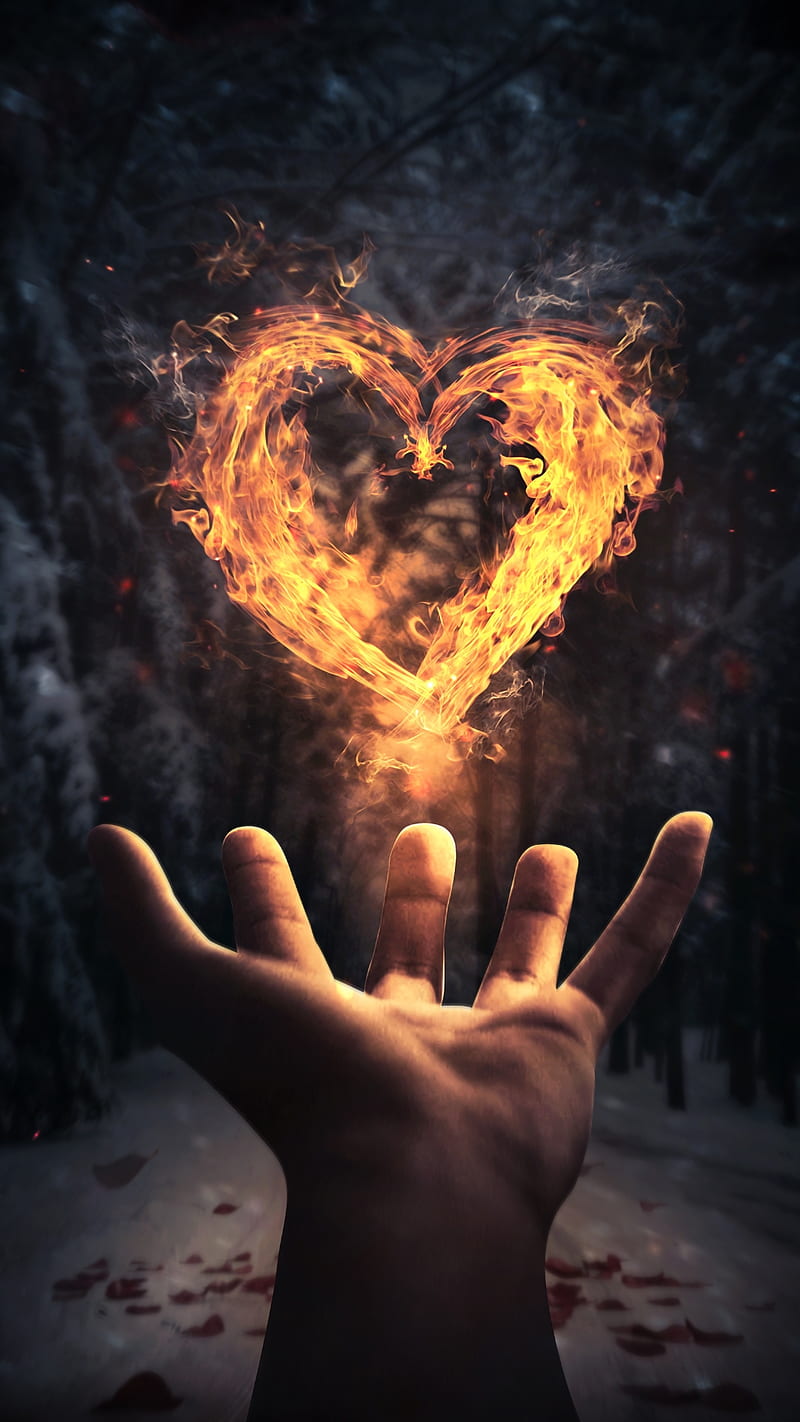 Magic heart, burn, burning, fire, fire heart, hand, love, HD phone wallpaper