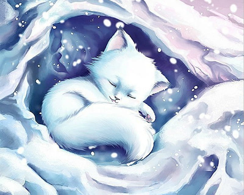 White Fox in Snow, cartoon, fox, snow, winter, HD wallpaper | Peakpx