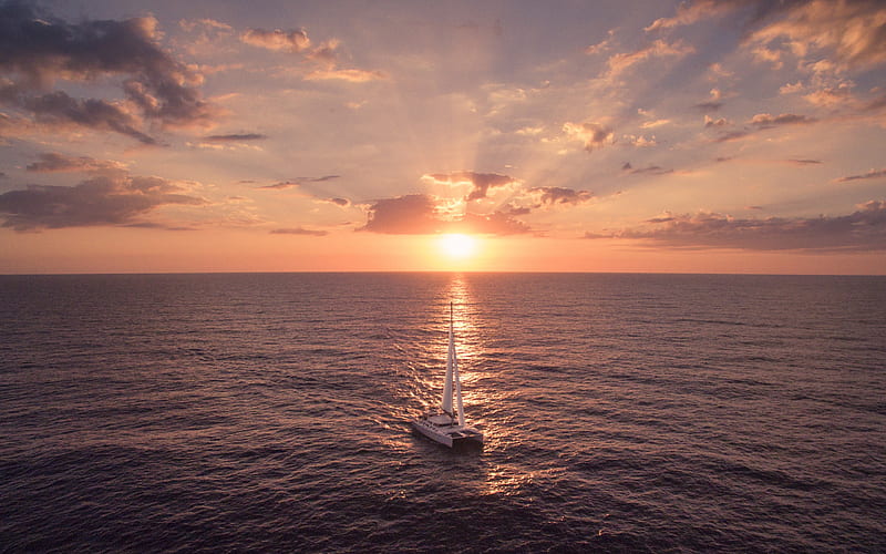 yacht catamaran, Caribbean Sea, evening, sunset, seascape, white yacht, travel, Catamaran Sailing, HD wallpaper