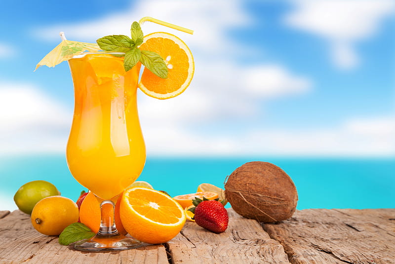Tropical cocktail, cocktail, juice, orange, fresh, fruits, summer, drink, tropical, HD wallpaper