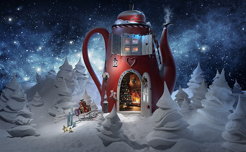 Christmas fantasy, red, house, frumusete, luminos, christmas, craciun, winter, iarna, teapot, fantasy, olesya morskaya, white, night, HD wallpaper