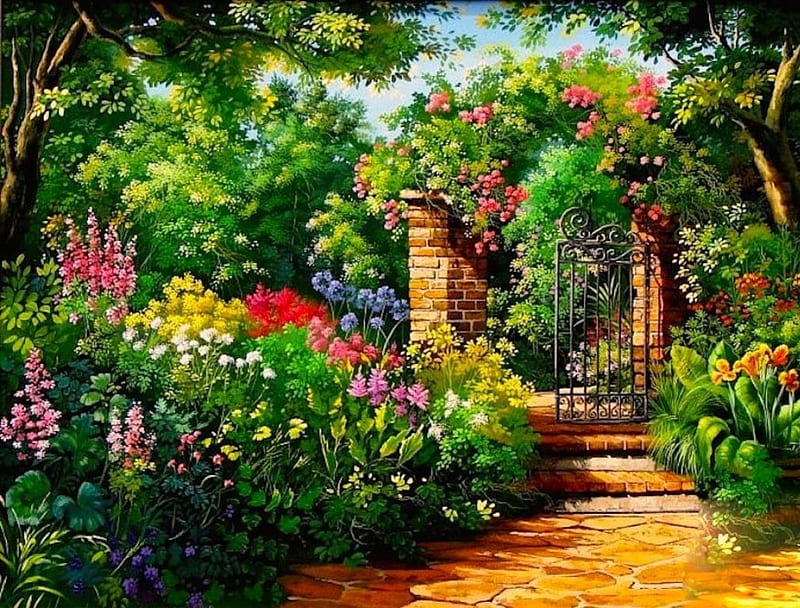 Celestial meadows, lovely, bonito, celestial, park, entrance, splendor, summer, flowers, peaceful, color, garden, HD wallpaper