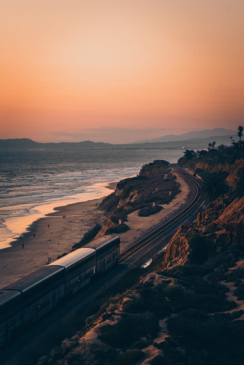 train, rails, coast, mountains, HD phone wallpaper