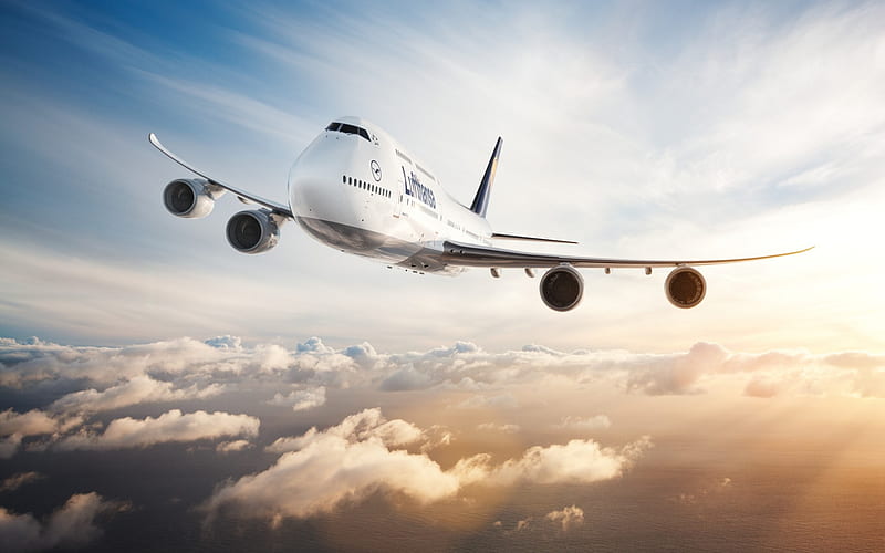 Boeing 747-400, passenger plane, sky, flight, airline, air travel, Lufthansa, Boeing, HD wallpaper