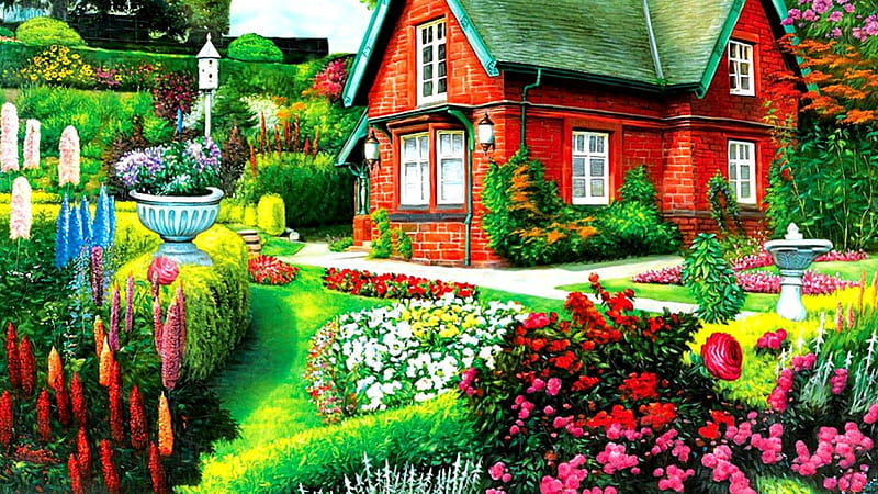 The Red Brick House, house, brick, painting, flowers, garden, HD wallpaper
