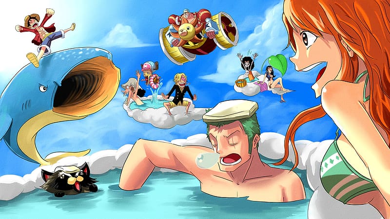 Anime, Water, Sky, Cloud, Fish, One Piece, Tony Tony Chopper, Usopp (One Piece), Roronoa Zoro, Monkey D Luffy, Nami (One Piece), Sanji (One Piece), Brook (One Piece), Nico Robin, Franky (One Piece), HD wallpaper