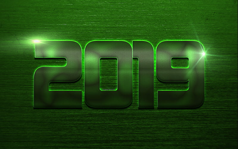 2019 year, green metal background, creative art, green neon light, green digits, 2019 concepts, New Year, HD wallpaper