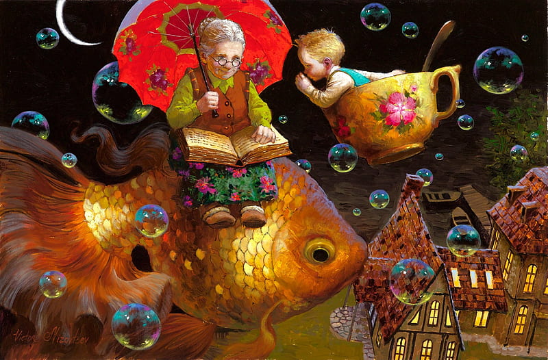Grandmother's tales, red, fish, orange, umbrella, grandmother, fantasy, moon, painting, bubbles, child, dream, pictura, whispers, victor nizovtsev, art, moon, luminos, golden, boy, cup, copil, HD wallpaper