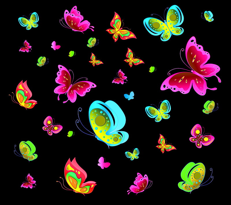 Butterflies, abstract, art, blossom, desenho, drawings, neon, stars, HD wallpaper