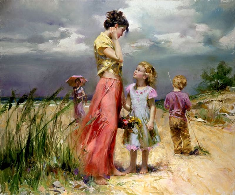 Can I...?, child, copil, woman, art, girl, pino daeni, summer, pink ...