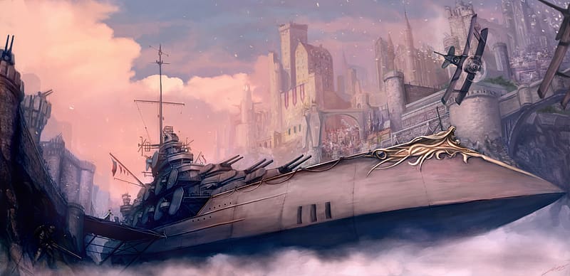 City, Sci Fi, Steampunk, Warship, HD wallpaper