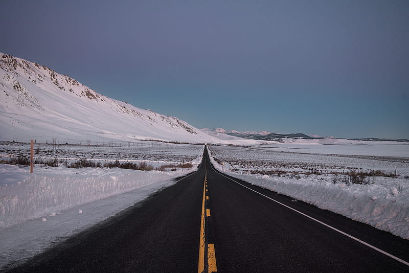 road, asphalt, snow, winter, horizon, direction, HD wallpaper