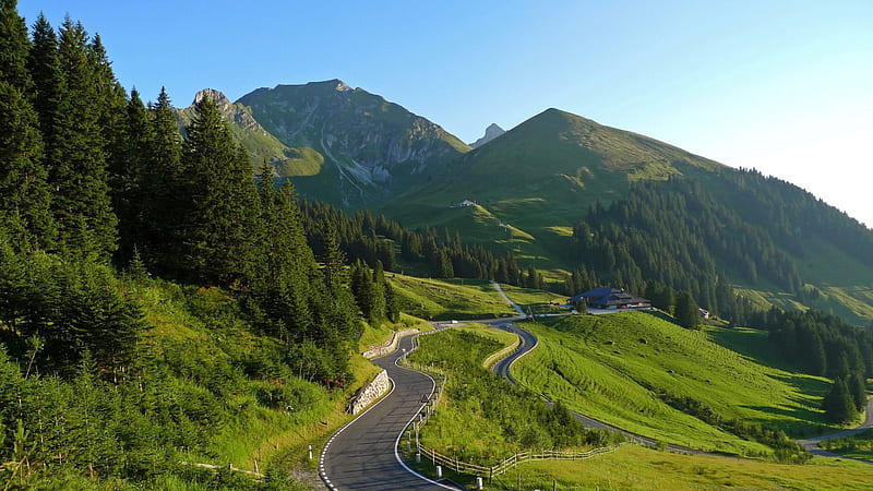 beautiful gantrisch switzerland in summer, forest, grass, lodge, mountains, road, HD wallpaper