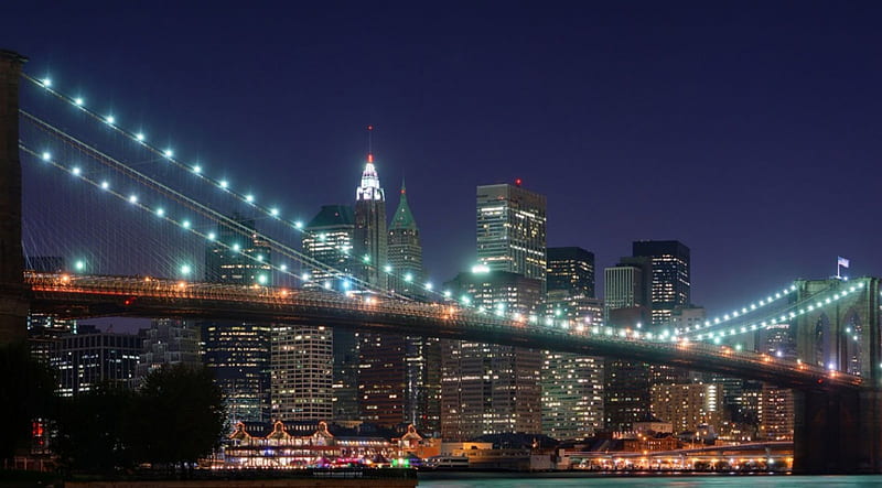Brooklyn Bridge, architecture, panoramic, bridges, Brooklyn, lights, graphy, city, New York, urban, night, HD wallpaper