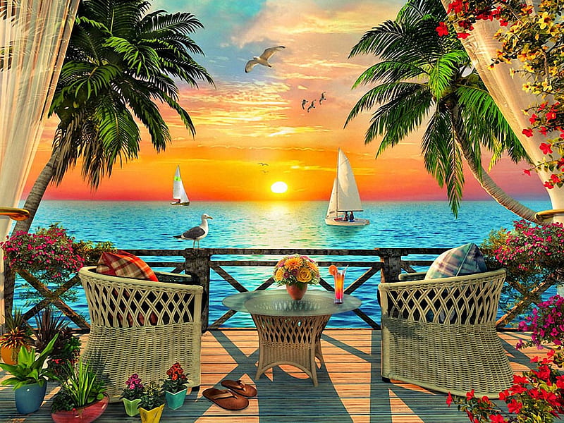 Tropical Balcony, table, sun, flowers, sunset, sailboat, armchairs, palms, sea, HD wallpaper