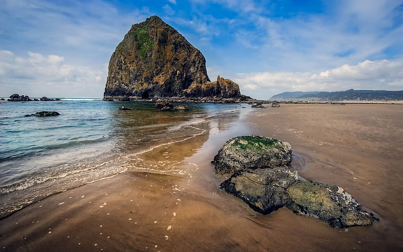 massive rock on a lovely beach, beach, rocks, sky, sea, HD wallpaper