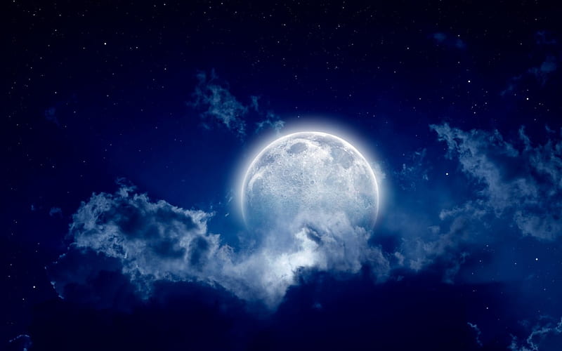 Supermoon ~ August 10, 2014, cloud, full moon, dark, supermoon, white, sky, blue, night, HD wallpaper