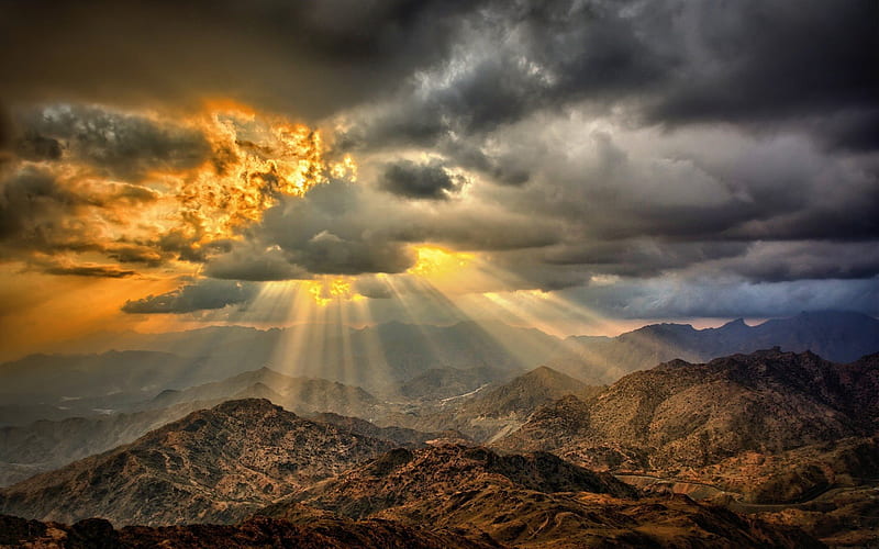 clouds, desert, sunset, sun, mountains, hills, HD wallpaper