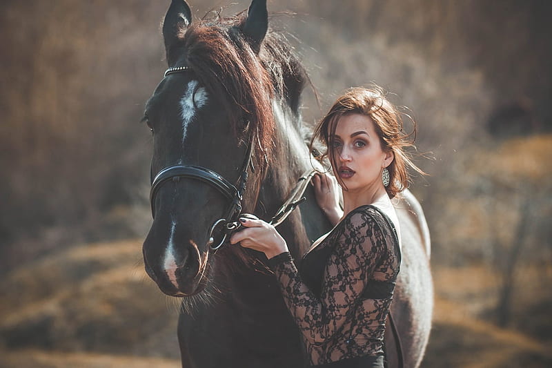 Pretty Woman, horse, view, girl, bridle, HD wallpaper