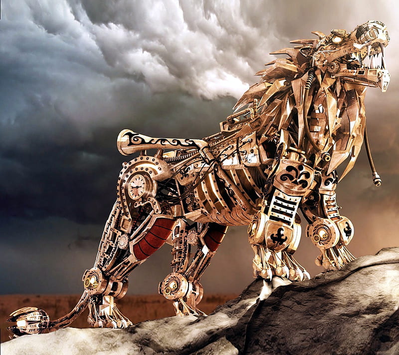robot lion, art, dragon, transformers, HD wallpaper
