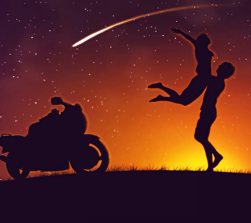 Love Couple, bike hug, shooting star, HD wallpaper