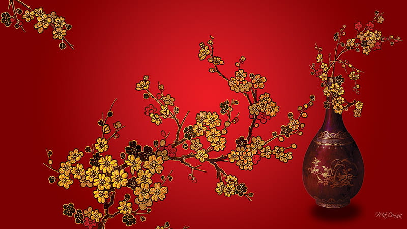 From China with Love, sakura, red, oriental, flowers, blossoms, vase, firefox persona, abstract, HD wallpaper
