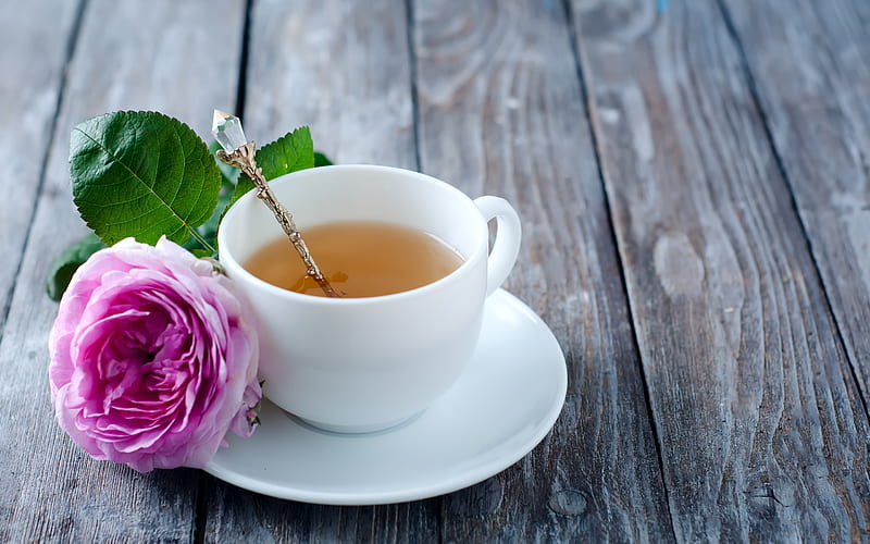 Tea time, rose, flower, cup, pink, white, tea, card, wood, trandafir, HD wallpaper