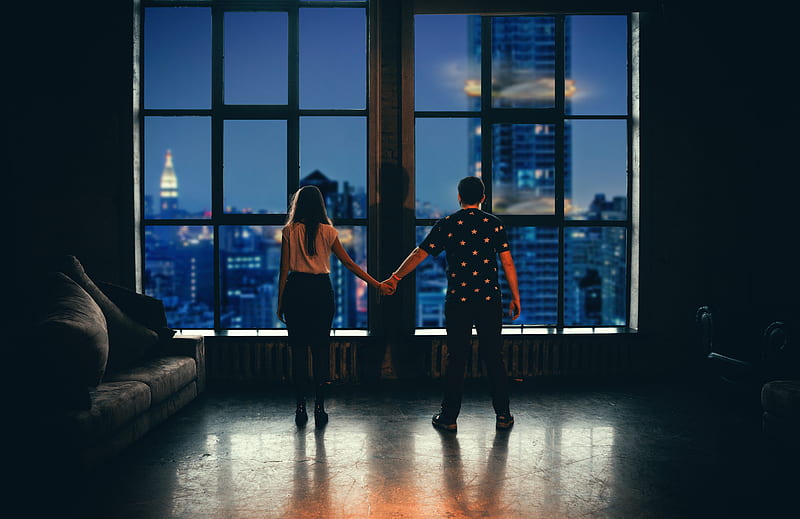man and woman holding hands in front of glass window, HD wallpaper