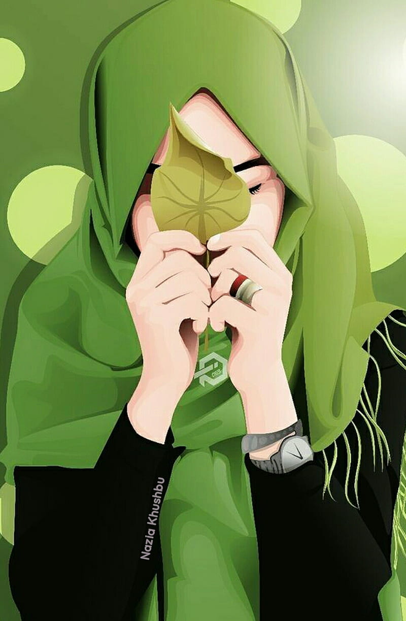Islamic hijab girl, anime, green, hijab girl, islamic pic, leaf, HD phone  wallpaper