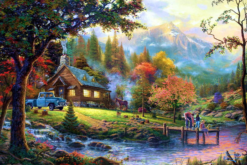 Home at the River, cottage, mountains, people, car, pier, painting, artwork, HD wallpaper
