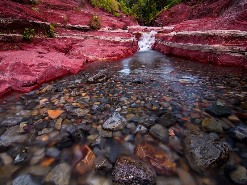 Red rock canyon mini falls, stream, rocks, red, colorful, falling, bonito, canyon, mountain, nice, calm, stones, river, falls, forest, lovely, clear, greenery, colors, creek, mini, purple, summer, nature, HD wallpaper
