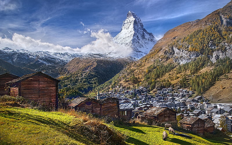 Mountain Matterhorn Alps Between Switzerland And Italy, cabin, sky, alps, landscape, clouds, HD wallpaper
