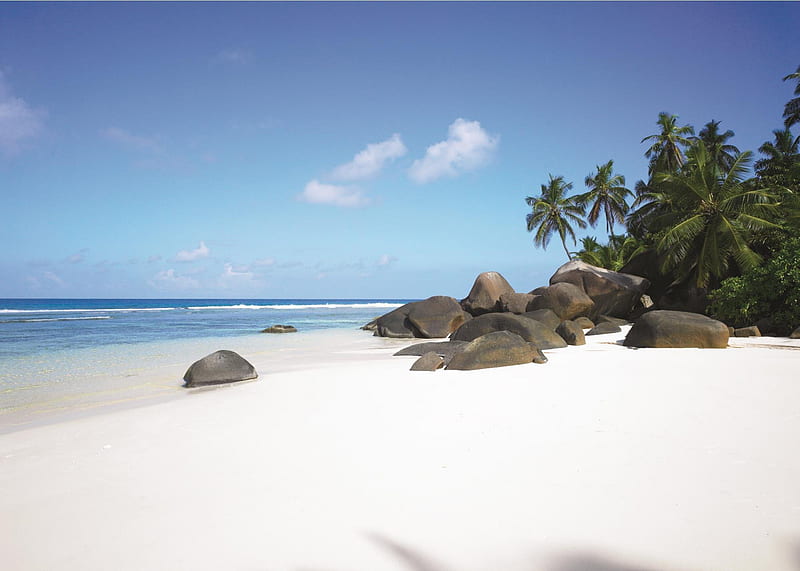 Paradise White Sand Beach Seychelles, rocks, resort, Anse Lazio, sea, atoll, palm trees, beach, lagoon, sand, luxury, holiday, ocean, Seychelles, paradise, boulders, island, nature, tropical, getaway, HD wallpaper