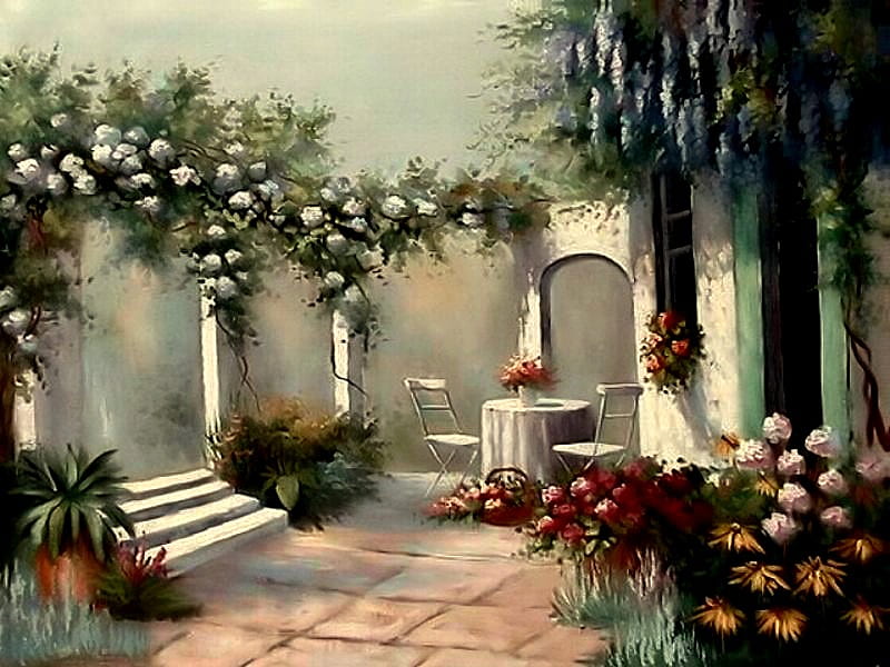 Inviting, patio, table, archways, roses, wisteria, plants, chairs, flowers, steps, HD wallpaper