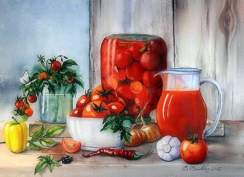 'Still Life with Tomatoes', red, pretty, draw and paint, fruits, chili, pitcher, vase, bonito, tomatoes, still life, paintings, bright, flowers, bottles, lovely still life, onions, lovely, colors, love four seasons, creative pre-made, butterflies, garlic, peppers, watercolor, HD wallpaper