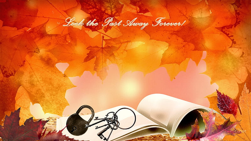 Lock the Past Away, fall, autumn, keys, book, firefox persona, leaves, padlock, ring, vintage, HD wallpaper