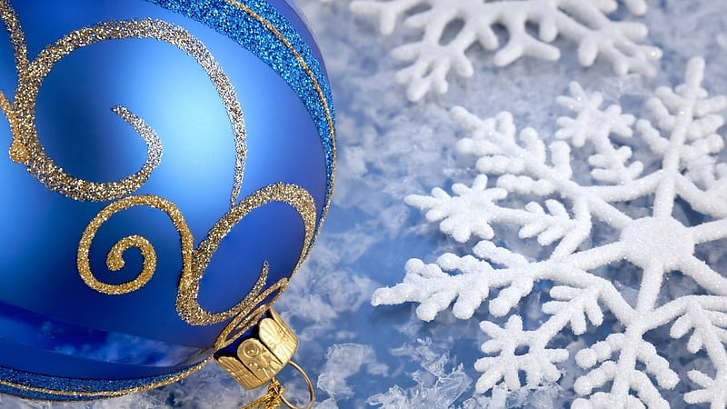 White Snowflake With Bauble Blue Christmas Decoration Snowflake, HD wallpaper