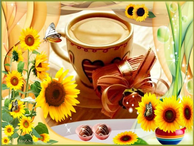  Buenos dias !, dulces, cafe, mariposas, girasoles, Fondo de pantalla HD
