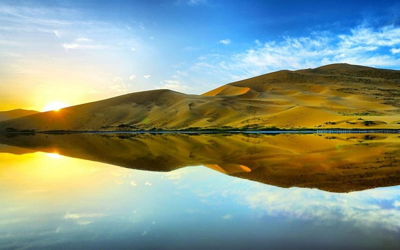 Reflection, hills, dawn, dusk, sunset, lake, water, mountains, nature, sunrise, awn, scene, landscape, HD wallpaper