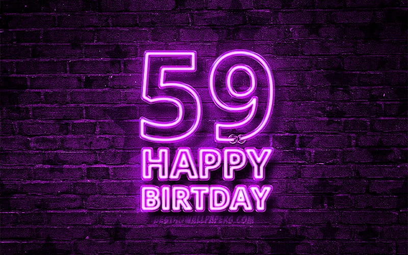 Happy 59 Years Birtay violet neon text, 59th Birtay Party, violet brickwall, Happy 59th birtay, Birtay concept, Birtay Party, 59th Birtay, HD wallpaper