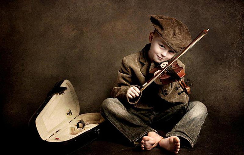 Playing for you! (for Monica) play kid, graphy, instrument child, playing, graph violin, pic, music, smile, wall, hat, boy, jeans, jacket, feet, HD wallpaper