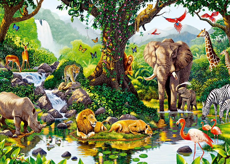Jungle Oasis, leopard, monkeys, ducks, rhinoceros, jungle, waterfall, flowers, rhino, wood, life, birds, pets, trees, waterfalls, flamingos, water, oasis, zebras, snake, elephants, together, leopards, flamingo, baby animals, giraffes, painting, zebra, giraffe, lions, animals, frogs, forest, gazelle, butterflies, peace, monkies, lake, primates, wildlife, peaceful, jaguar, nature, parrots, big cats, HD wallpaper