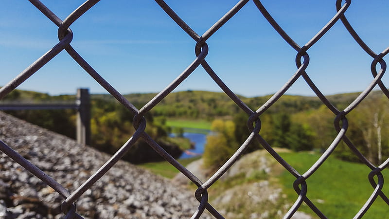 View Through Fence, blue, chain link, green, lake, spring, trees, HD wallpaper