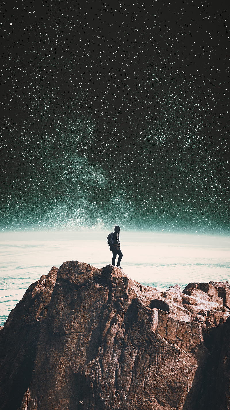 Lonely At The Top, Taudalpoi, adventure, collage, collage artist, digital, digital artist, dramatic, earth, glowing, hiking, horizon, landscape, lovely, mountain, nasa, nature, otherwordly, out of this world, people, person, hop, space, space art, stars, surreal, universe, view, HD phone wallpaper