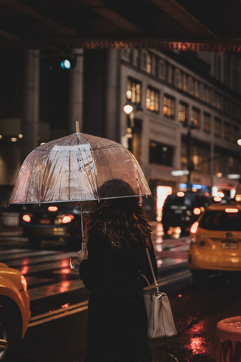 girl, umbrella, rain, street, night, HD phone wallpaper