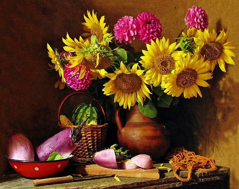 Sunflower and Zinnia Beauty, zinnias, still life, sunflowers, flowers ...