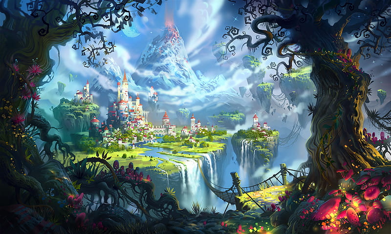 castle, fantasy world, forest, waterfall, mountain, wooden bridge, Fantasy, HD wallpaper