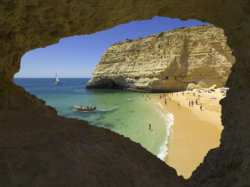 Beach Near Carvoeiro, Algarve, Portugal, beach, sky, blue, ocean, HD wallpaper