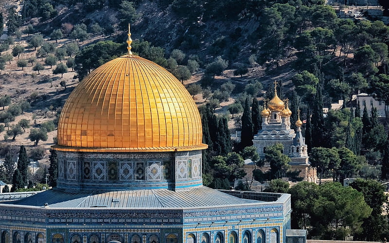 Mosque and Church in Jerusalem, church, Israel, mosque, dome, Jerusalem, gold, HD wallpaper